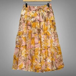 Boho Floral Womens Skirt M Yellow Orange Sheer Chiffon Tiered Peasant Hippie